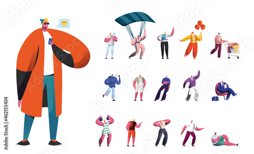 Set of Male Characters  Men Lifestyle  People Use Gadgets  Skydiving with Parachute  Clown in Costume and Shopping