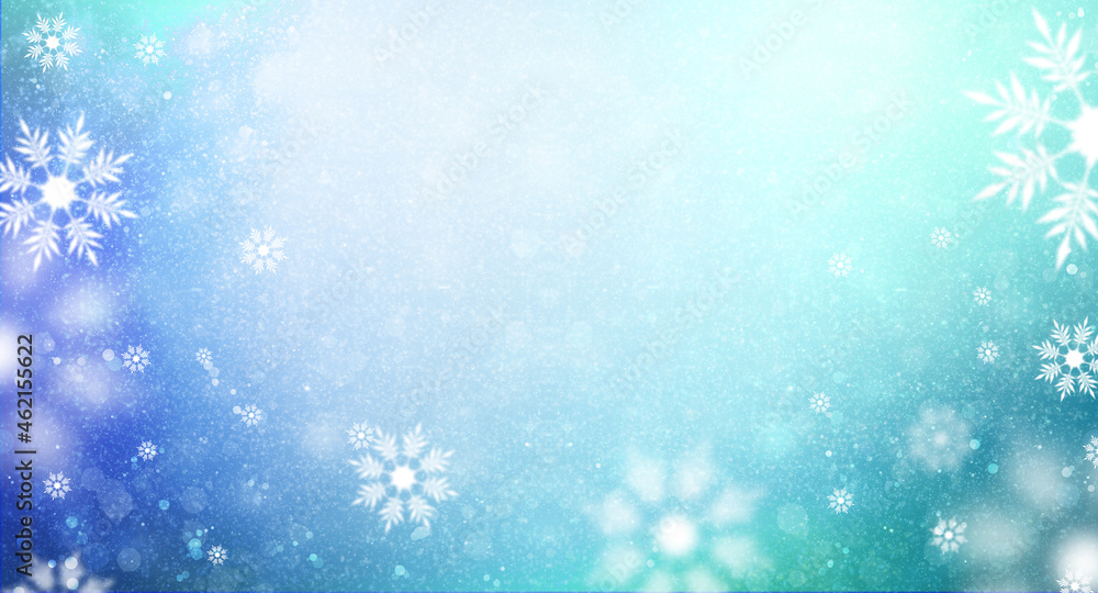 Blue background with blurred lights and snowflakes. Snowflakes and golden Christmas lights. Snowflakes and snow on hay purple background.