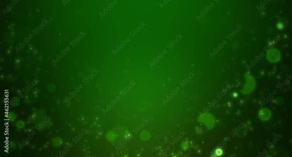 Green background with blurry lights. Christmas background, illustration. Snow flying on a green background with the possibility of overlaying.