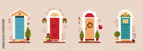 Set of winter doors decorated for Christmas. Traditional Christmas home decoration, Christmas wreath on the door in winter, lanterns and fir trees. Vector illustration