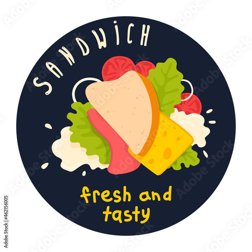A club sandwich advertising, ad circle poster, banner. Ingredients. A vector cartoon illustration.