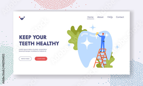 Dental Care Landing Page Template. Tiny Dentist Character in Robe Cleaning and Brushing Huge Tooth. Doctor Mop Plaque