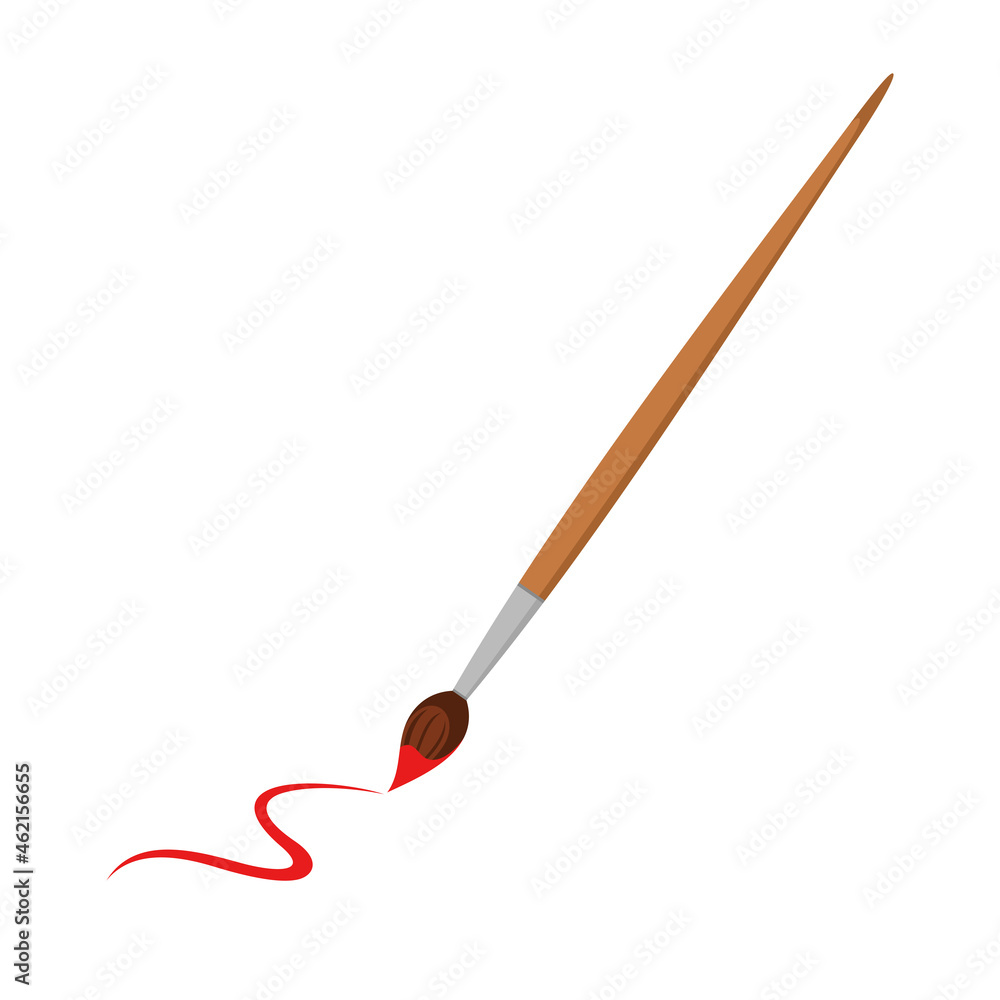Brush with paint and a drawn line on a white background.