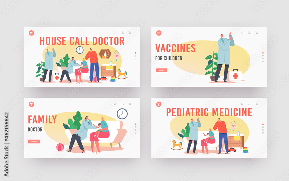 Call Doctor Landing Page Template Set. Family Pediatrician Visit Baby at Home. Neonatologist Checkup and Vaccination