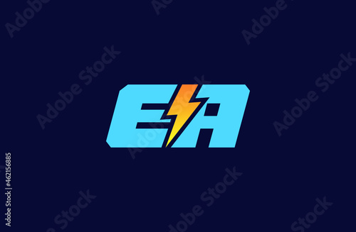 Letter EA logo with Lightning bolt icon, Power Energy Logo design, Alphabet E and A with electric bolt