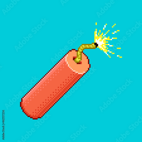 colorful simple flat pixel art illustration of cartoon red burning stick of dynamite or firecracker