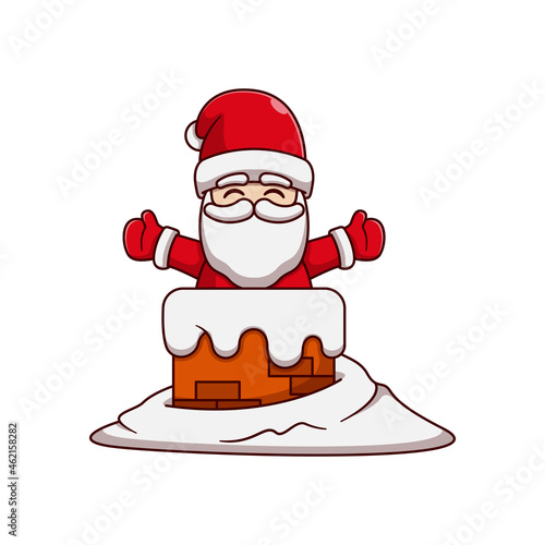Santa Claus coming out of the chimney in the snow