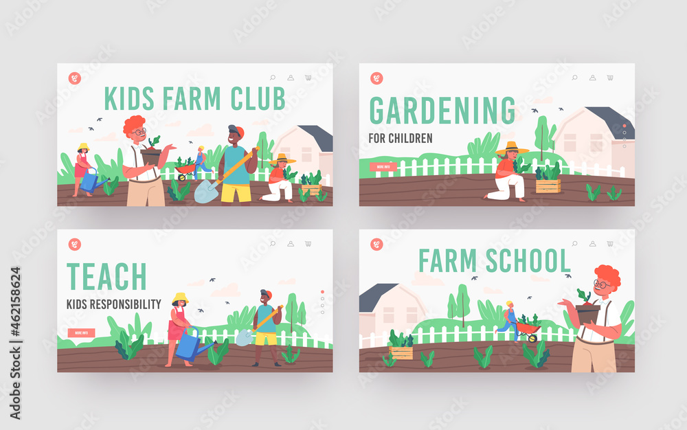 Kids Farming Landing Page Template Set. Children Gardening Work. Gardeners Boys or Girls Planting and Caring of Plants