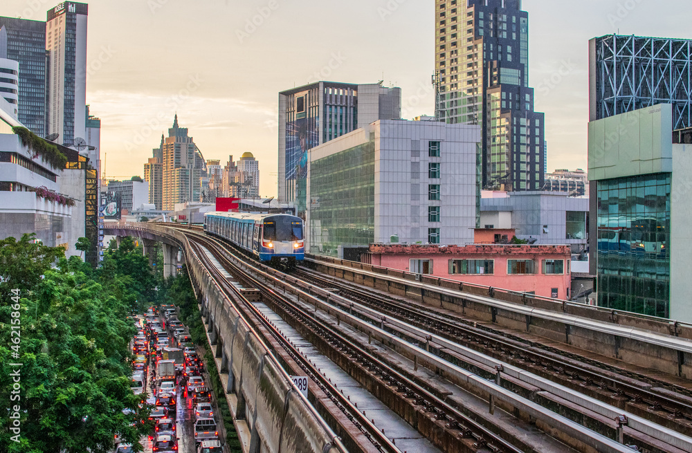The Skytrain and Cityscape in Bangkok Thailand Southeast Asia The Skytrain and Cityscape in Bangkok Thailand Southeast Asia