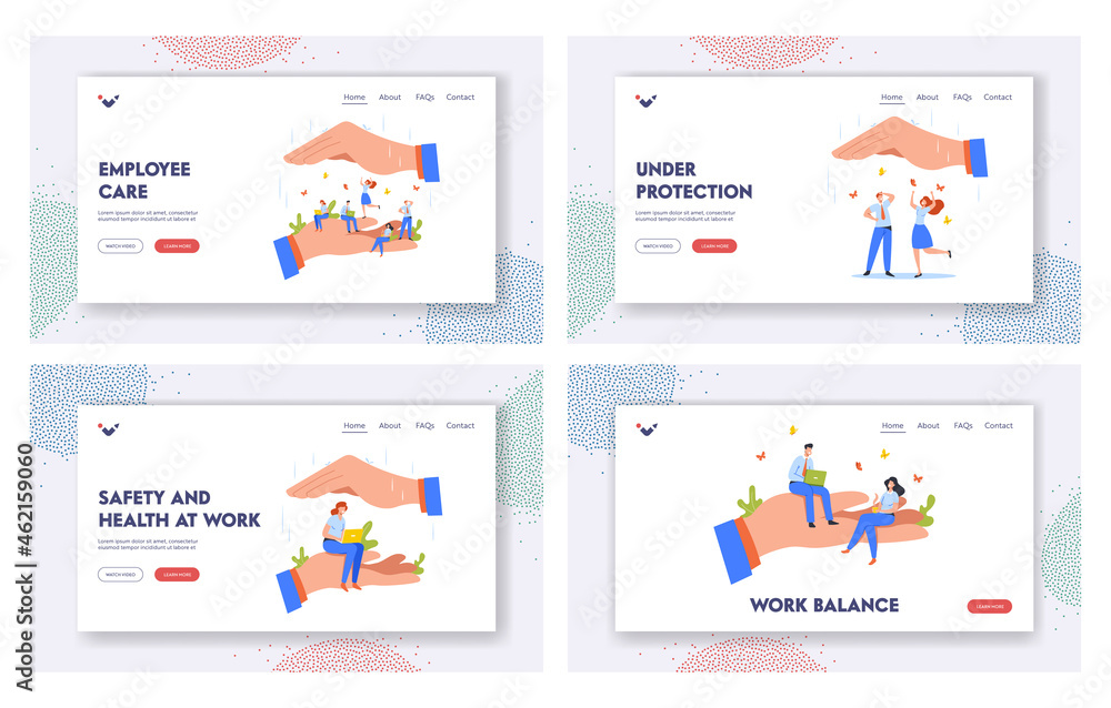 Employee Care Landing Page Template Set. Happy Tiny Workers Sit on Huge Hand. Office Characters Under Leader Protection
