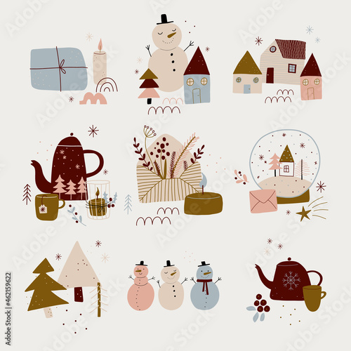 modern boho hygge minimalism. merry christmas and new year. winter stickers for design. vector set of christmas elements.