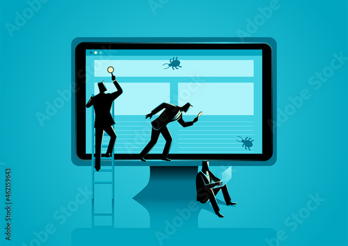 Businessmen working together looking for computer bug