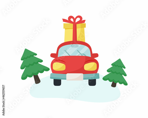 Red car with gift box. Christmas vector illustration