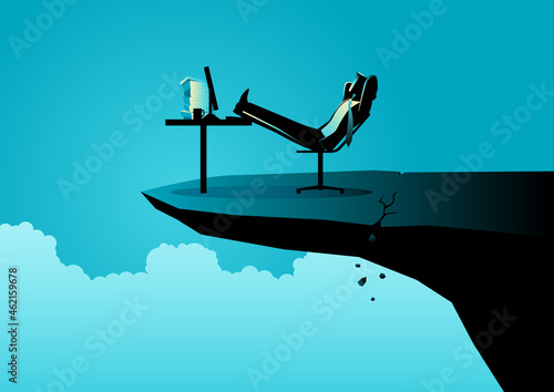 Businessman relaxing on his chair on the cracked cliff edge photo