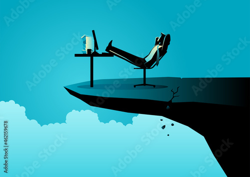 Businessman relaxing on his chair on the cracked cliff edge