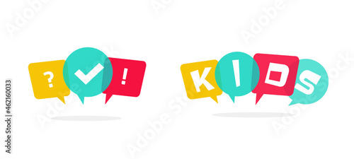 Kids logo with bubble speeches vector and fun child quiz or questionnaire cartoon comic icon for learn speaking or kindergarten education game flat illustration, idea of playground party zone or club