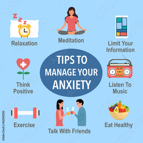 Tips to manage your anxiety infographic with useful advices in flat design.