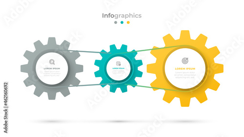 Vector 3 options infographic design elements with cogs and circles. Can be used for process chart, business information template, web design.