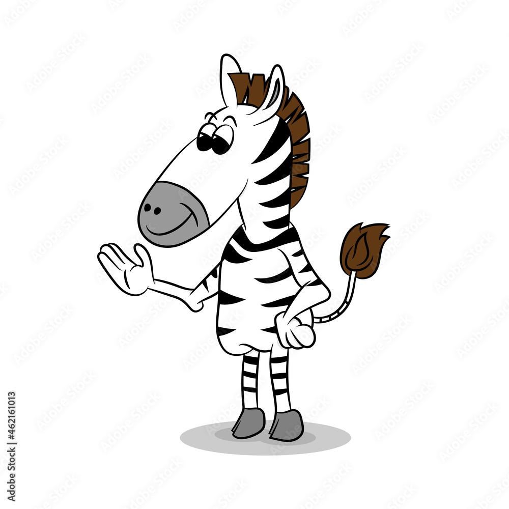 Fototapeta premium Cute cartoon zebra with a waving hand on a white background, vector illustration