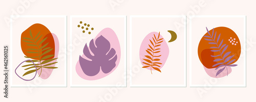 Botanical wall art posters collection. Set of tropical leaves drawings with abstract shapes in pastel colors. Artistic wildlife nature art. Minimalist modern floral background.