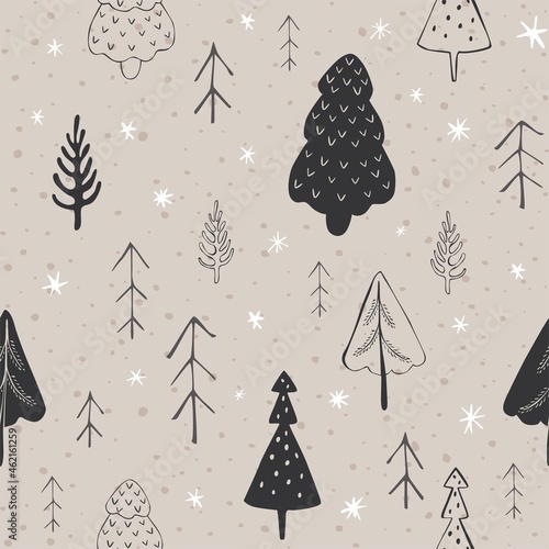 Seamless pattern with trees and snowflakes. Winter and christmas mood, scandinavian minimalism, hand drawn doodle style for web, print, textile, background, wrapping paper, wallpaper. 