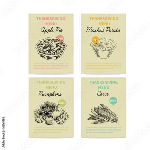 Template design. Vector hand -drawn thanksgiving cards set. Vintage style sketch illustration.