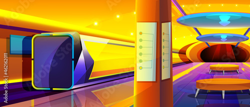 Cartoon futuristic train in metro station. Modern underground interior with empty subway platform. Public railway. Metropolitan or railroad urban transportation. Transport arriving vector illustration