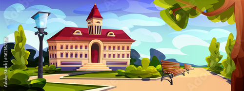 Cartoon building exterior of university, college or high school. Educational institution with empty yard with trees, lawn and benches. Summer landscape with schoolhouse, government house or campus.