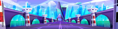 Futuristic cityscape with glass buildings, unusual bridge and road. Modern architecture towers and skyscrapers. Future city with highway, flying town parts. Cartoon vector alien urban landscape design