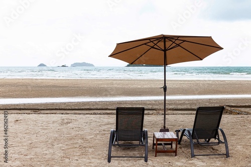 Empty sun beds at the beach of the hotel in relief of the epidemic