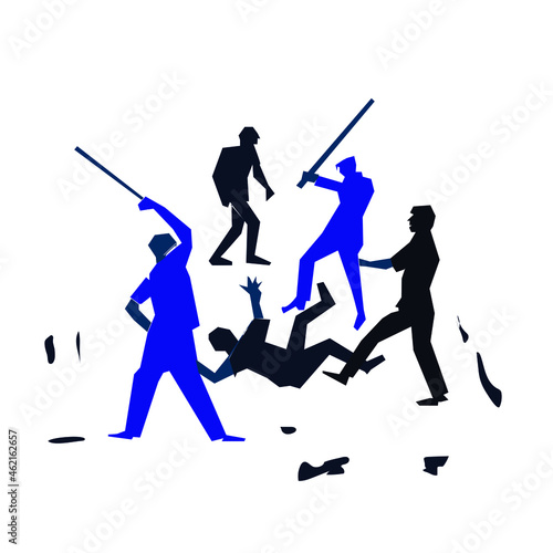 Group Of People Bullying, Kicking A Man - Young Adult Males Hitting A Person On Ground stock illustration.