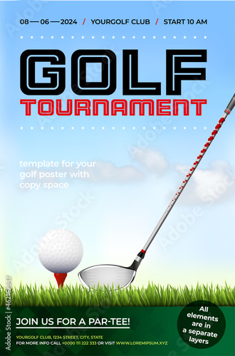 Golf tournament poster template with golf club and ball