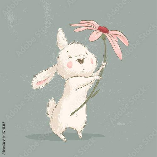 Cute little white bunny character stand with big flower isolated. Vector flat sketch hand drawn illustration. For nursery cards, banners, stickers, baby shower etc.
