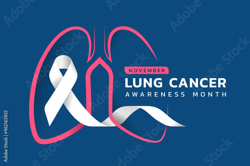 November, Lung cancer awareness month text and pink drawing line lung symbol with white ribbon around on blue background vector design