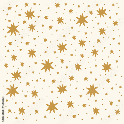 Gold Stars and dots postcard on beige. A star pattern in a Doodle circle. Shimmering shapes of the sky background for fashionable children s textiles. Vector illustration