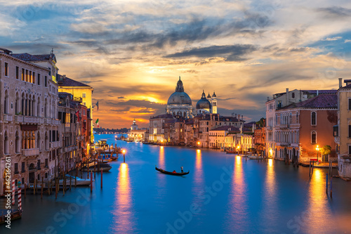 Grand Canal of Venice with a lonely gandolier at sunset  Italy