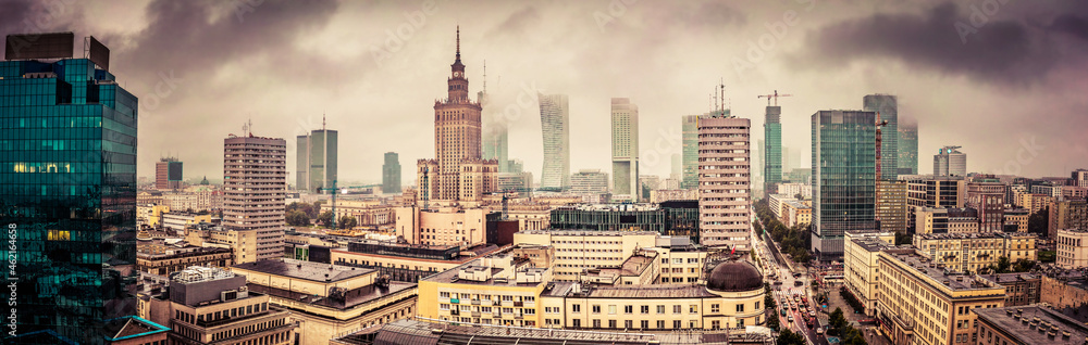 Warsaw, Poland panorama, clouds and fog