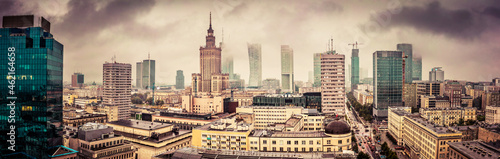 Warsaw, Poland panorama, clouds and fog