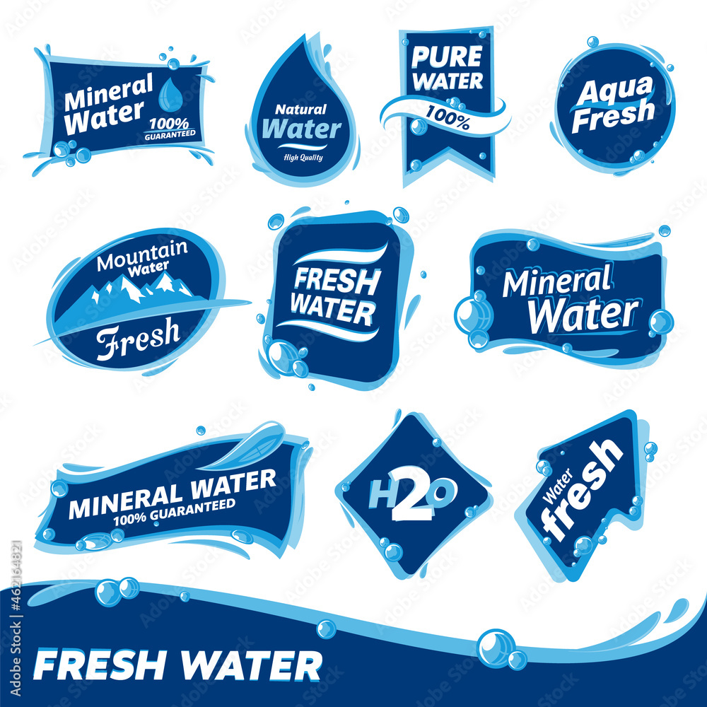 set of labels for natural and mineral water - obrazy, fototapety, plakaty 