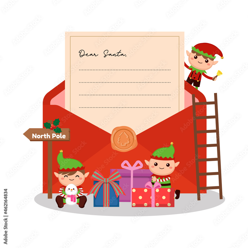 Naklejka premium Cute Christmas elf with big envelope and letter to Santa concept. Flat vector cartoon design