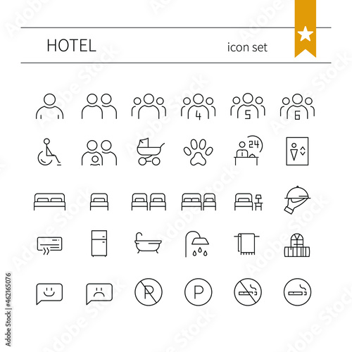 Hotel icons set: different number of guests, types of accommodation, room equipment. Isolated outline vector symbols.