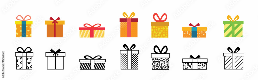Gift box icon. Present symbol. Christmas box. Surprise with gift box in flat style. Set with gift in colorful style. Vector Gift box icon. Present symbol. Christmas box. Surprise with gift box in flat style. Set with gift in colorful style. Vector