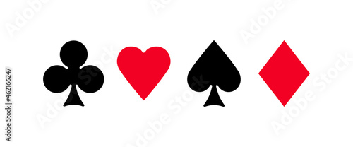 Suits of paying cards in flat design. Vector clubs and diamonds, hearts and spades poker game emblems set. Leisure hobby entertainment gambling game red and black labels