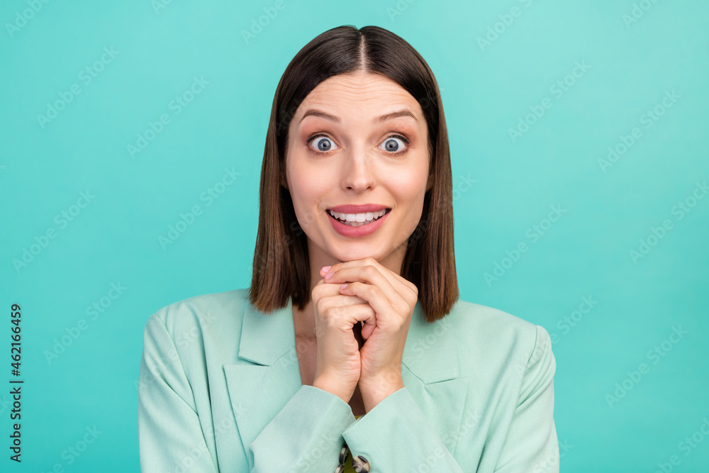 Photo of ask milllennial brunette lady hands face wear blazer isolated on aquamarine color background Photo of ask milllennial brunette lady hands face wear blazer isolated on aquamarine color background
