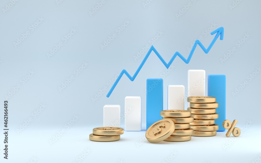 Dashboard and business finance report. investment or website SEO screen concept. Blue rising arrow and profit bar graph with multiple arrangements of coins. 3d rendering - obrazy, fototapety, plakaty 