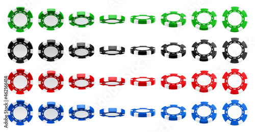 Casino chips in different angles and colors, animation isolated 3D realistic set. Vector poker tokens in green and black, red and blue color. Pile of falling roulette coins with blank face