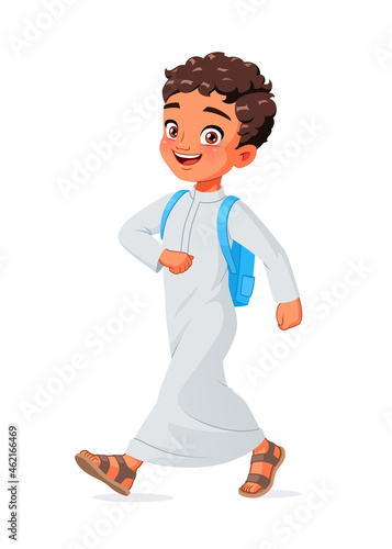 Happy Arab school boy walking. Cartoon vector illustration.