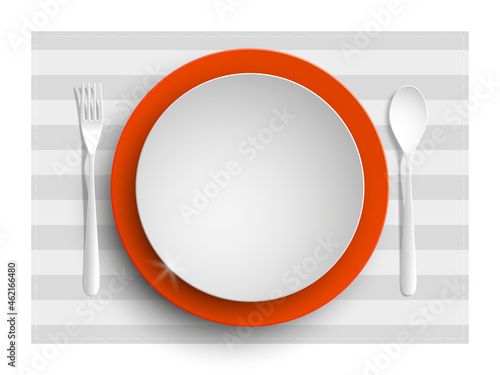 Plate, spoon and fork isolated on napkin background. Canteen icon. dining room badge. buffet icon. Here you can eat picture. Fast food restaurant badge. illustration