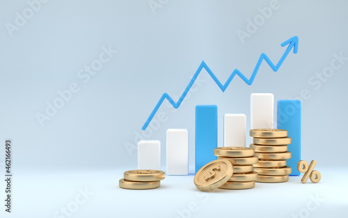 Dashboard and business finance report. investment or website SEO screen concept. Blue rising arrow and profit bar graph with multiple arrangements of coins. 3d rendering photo