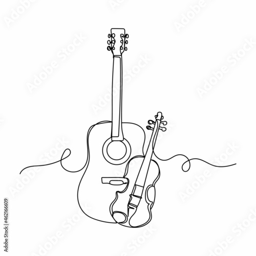 Continuous one line drawing of a different musical instruments in silhouette on a white background. Linear stylized.